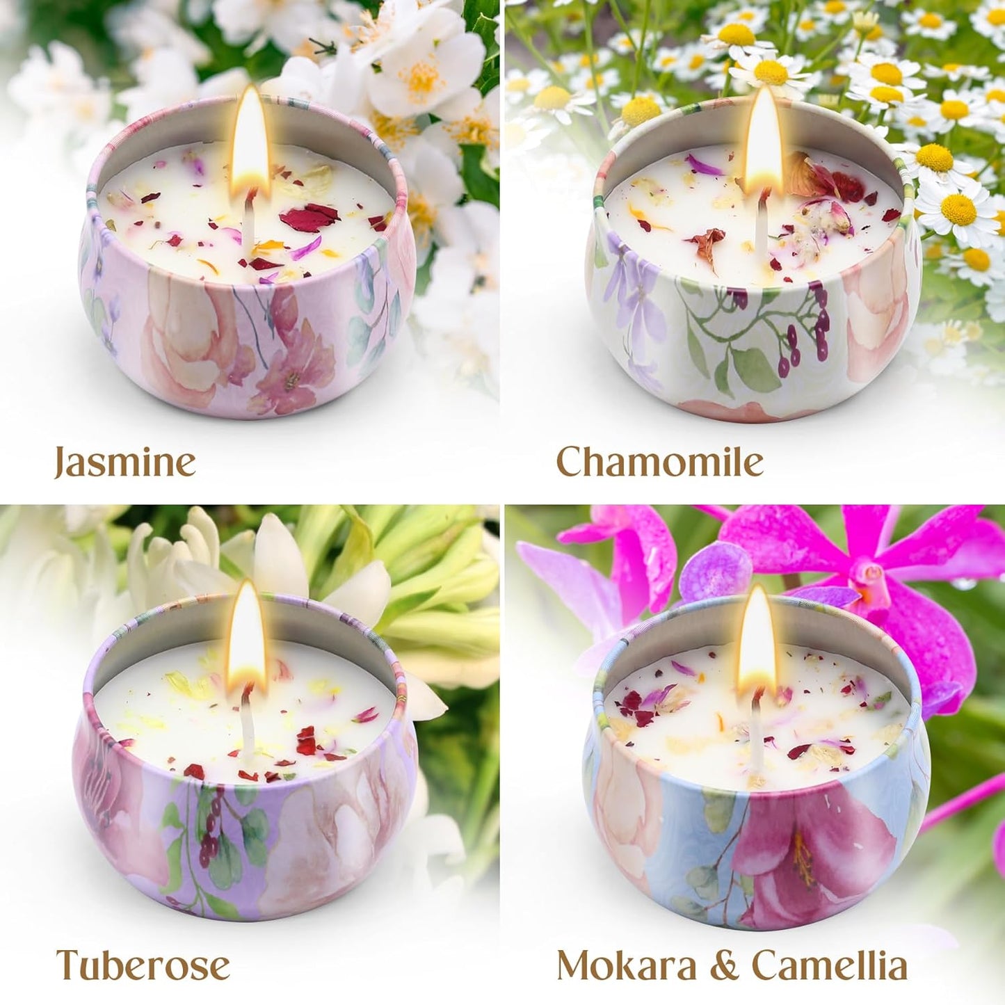 Scented Candles Gift Set - Pack of 4 (Tuberose, Chamomille, Mokara & Camellia, and Jasmine)