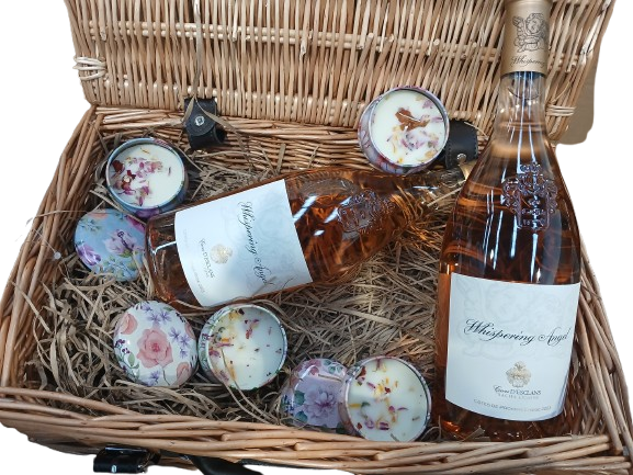 Luxury Hamper Basket: A Celebration of Elegance and Thoughtfulness - Premium Scented candles Box of 4 and 2 x 75Cl Whispering Angel