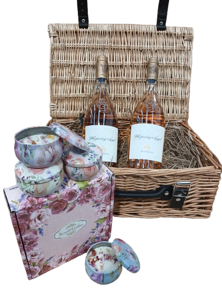 Luxury Hamper Basket: A Celebration of Elegance and Thoughtfulness - Premium Scented candles Box of 4 and 2 x 75Cl Whispering Angel
