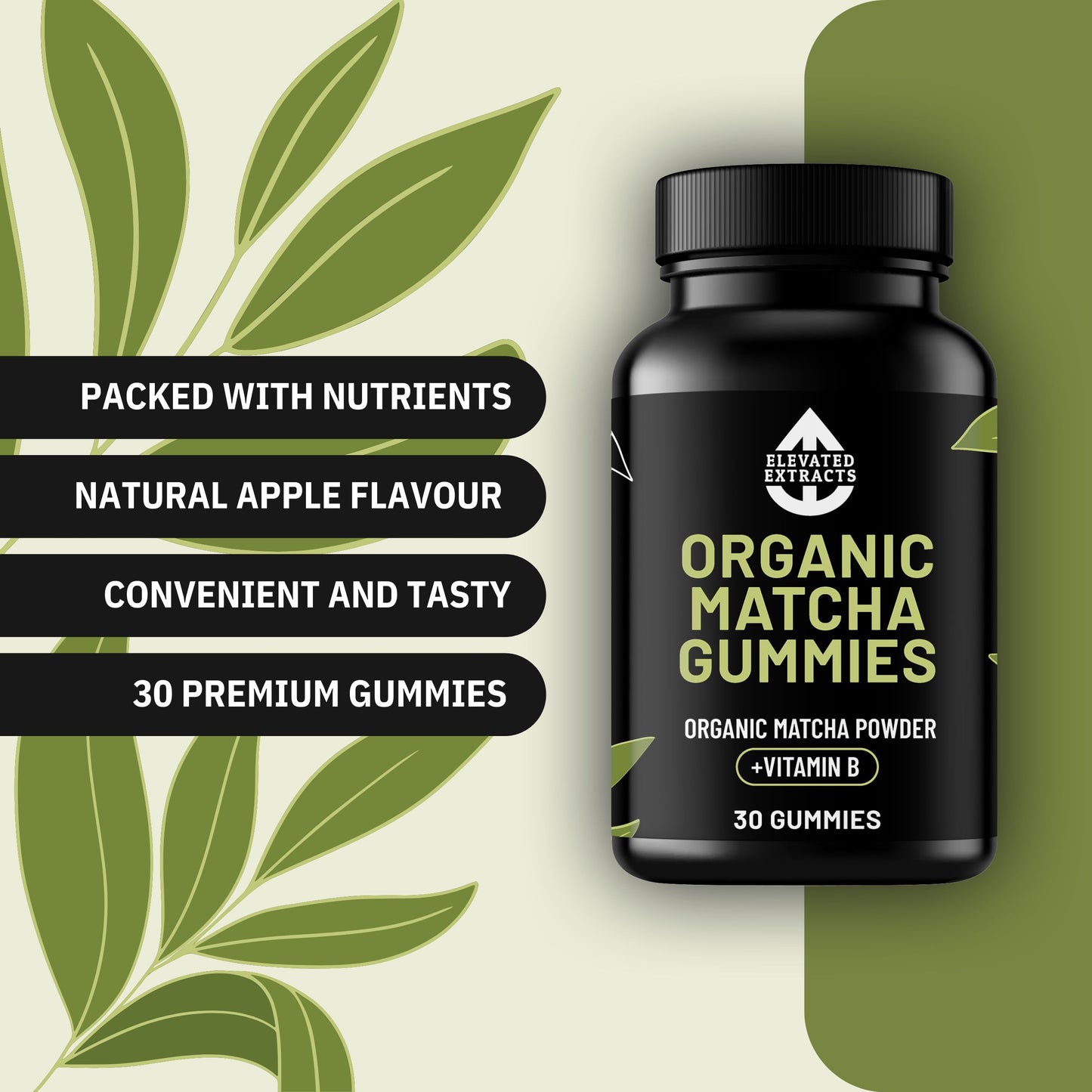 MATCHA GUMMIES AAA Grade Ceremonial Matcha Gummies – 30 Gummies – Vitamin B3 – Apple Flavour – By Elevated Extracts