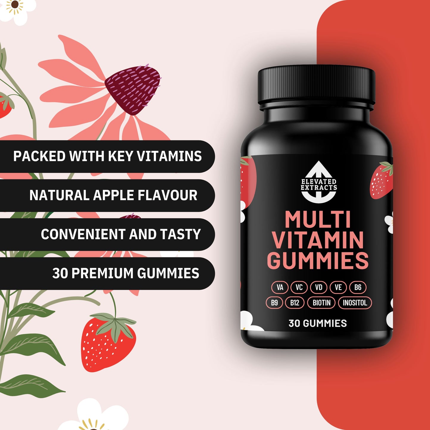 MULTI VITAMIN GUMMIES Multivitamin Gummies for Adults | 30 Gummies | Strawberry Flavour | Vitamin A, B6, B9, B12, C, D, E, Biotin & Inositol | by Elevated Extracts