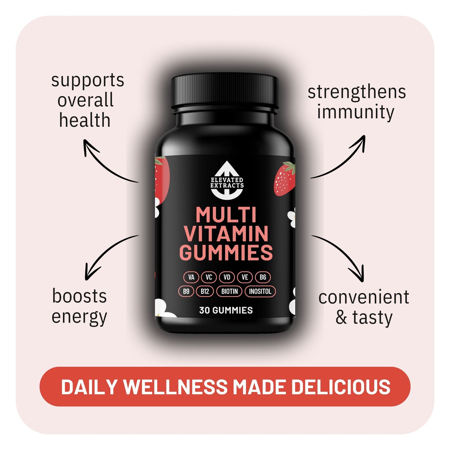 MULTI VITAMIN GUMMIES Multivitamin Gummies for Adults | 30 Gummies | Strawberry Flavour | Vitamin A, B6, B9, B12, C, D, E, Biotin & Inositol | by Elevated Extracts