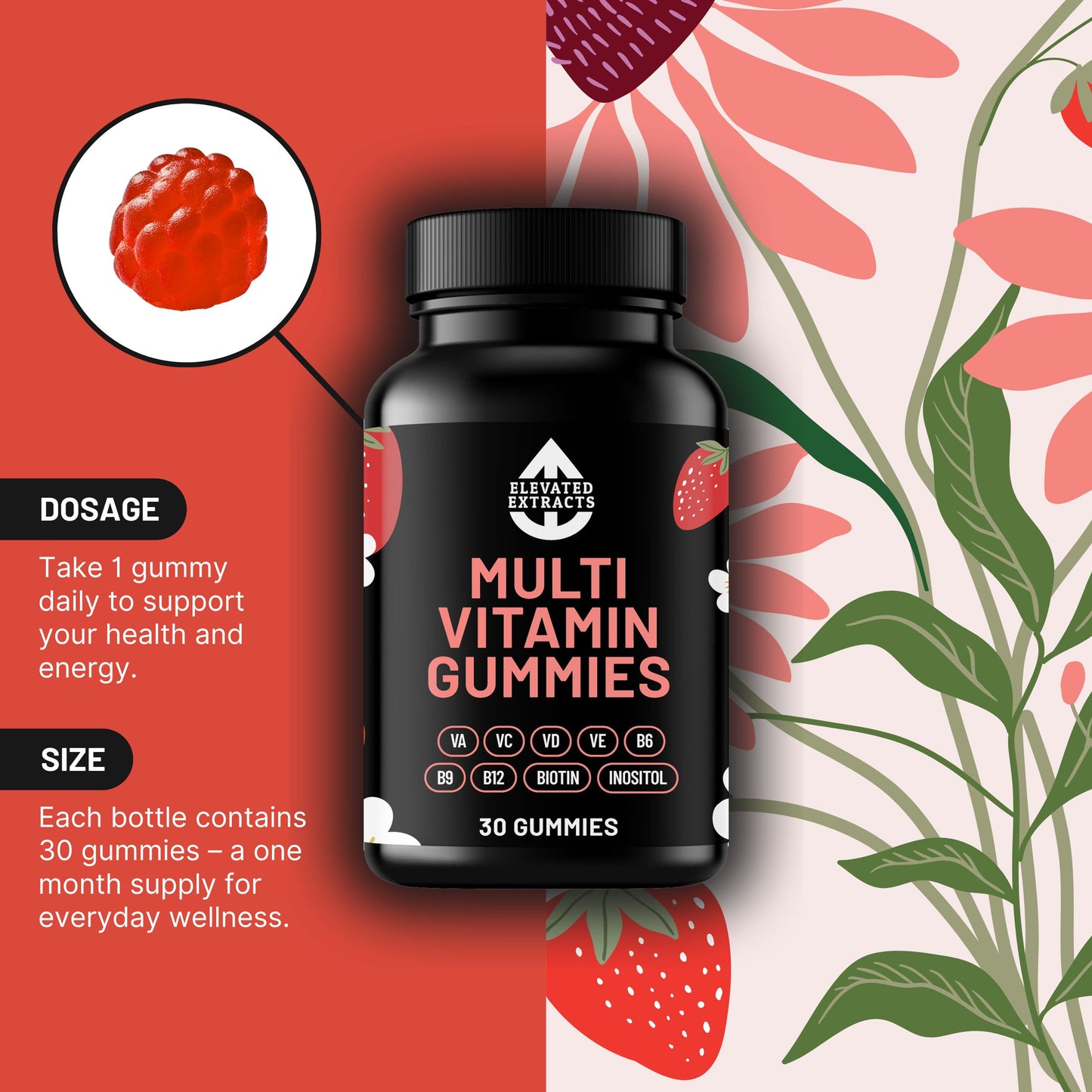 MULTI VITAMIN GUMMIES Multivitamin Gummies for Adults | 30 Gummies | Strawberry Flavour | Vitamin A, B6, B9, B12, C, D, E, Biotin & Inositol | by Elevated Extracts