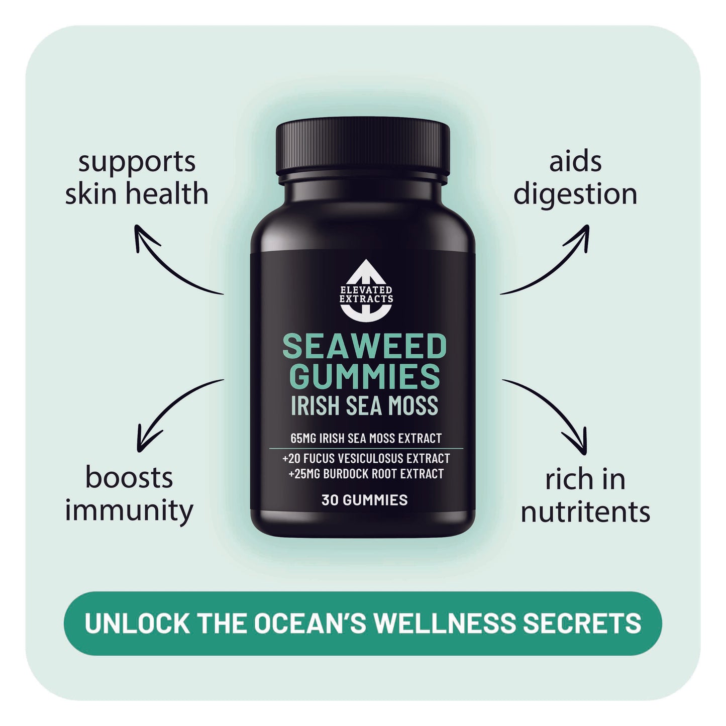 SEA WEED GUMMIES Irish Sea Moss Gummies with Bladderwrack (Fucus Vesiculosus Extract) and Burdock Root | 30 Gummies | Lime Flavour | All Natural, Vegan, Gluten Free, Non GMO – By Elevated Extracts