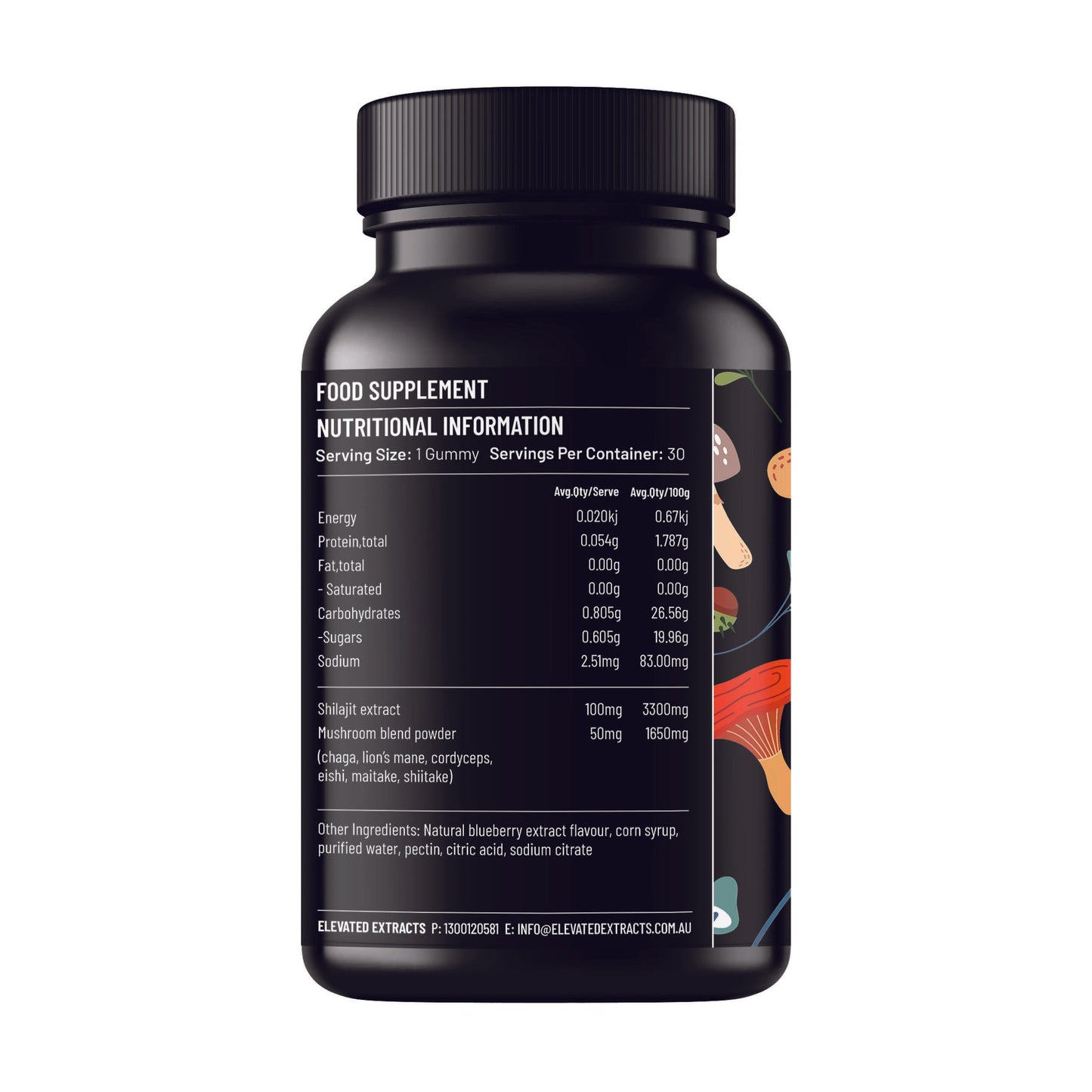 SHILAJIT Mushroom Complex Gummies – 30 Gummies - Lion's Mane, Reishi, Cordyceps, Chaga and Maitake. Mushroom Supplement with Blueberry Extract Flavour. Vegan and Gluten Free. Mushroom Gummies by Elevated Extracts.