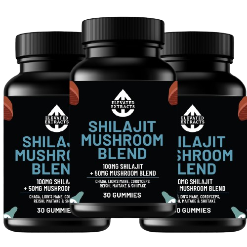 SHILAJIT Mushroom Complex Gummies – 30 Gummies - Lion's Mane, Reishi, Cordyceps, Chaga and Maitake. Mushroom Supplement with Blueberry Extract Flavour. Vegan and Gluten Free. Mushroom Gummies by Elevated Extracts.