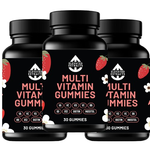 MULTI VITAMIN GUMMIES Multivitamin Gummies for Adults | 30 Gummies | Strawberry Flavour | Vitamin A, B6, B9, B12, C, D, E, Biotin & Inositol | by Elevated Extracts