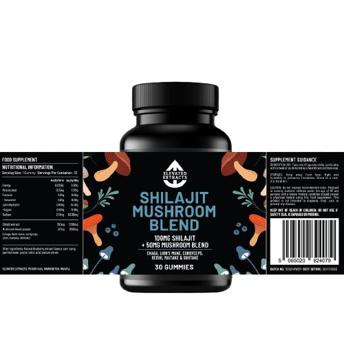 SHILAJIT Mushroom Complex Gummies – 30 Gummies - Lion's Mane, Reishi, Cordyceps, Chaga and Maitake. Mushroom Supplement with Blueberry Extract Flavour. Vegan and Gluten Free. Mushroom Gummies by Elevated Extracts.