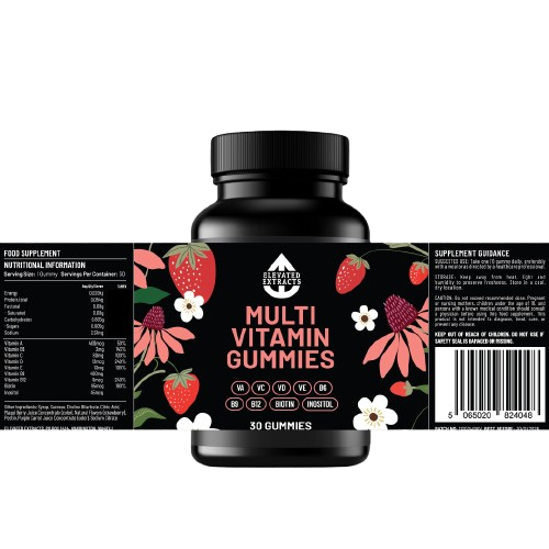 MULTI VITAMIN GUMMIES Multivitamin Gummies for Adults | 30 Gummies | Strawberry Flavour | Vitamin A, B6, B9, B12, C, D, E, Biotin & Inositol | by Elevated Extracts