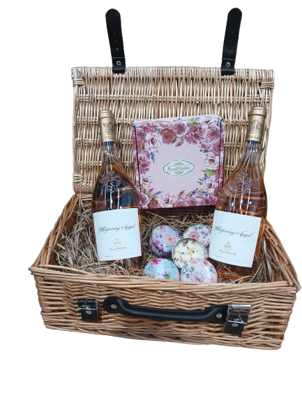 Luxury Hamper Basket: A Celebration of Elegance and Thoughtfulness - Premium Scented candles Box of 4 and  2 x 75Cl Whispering Angel